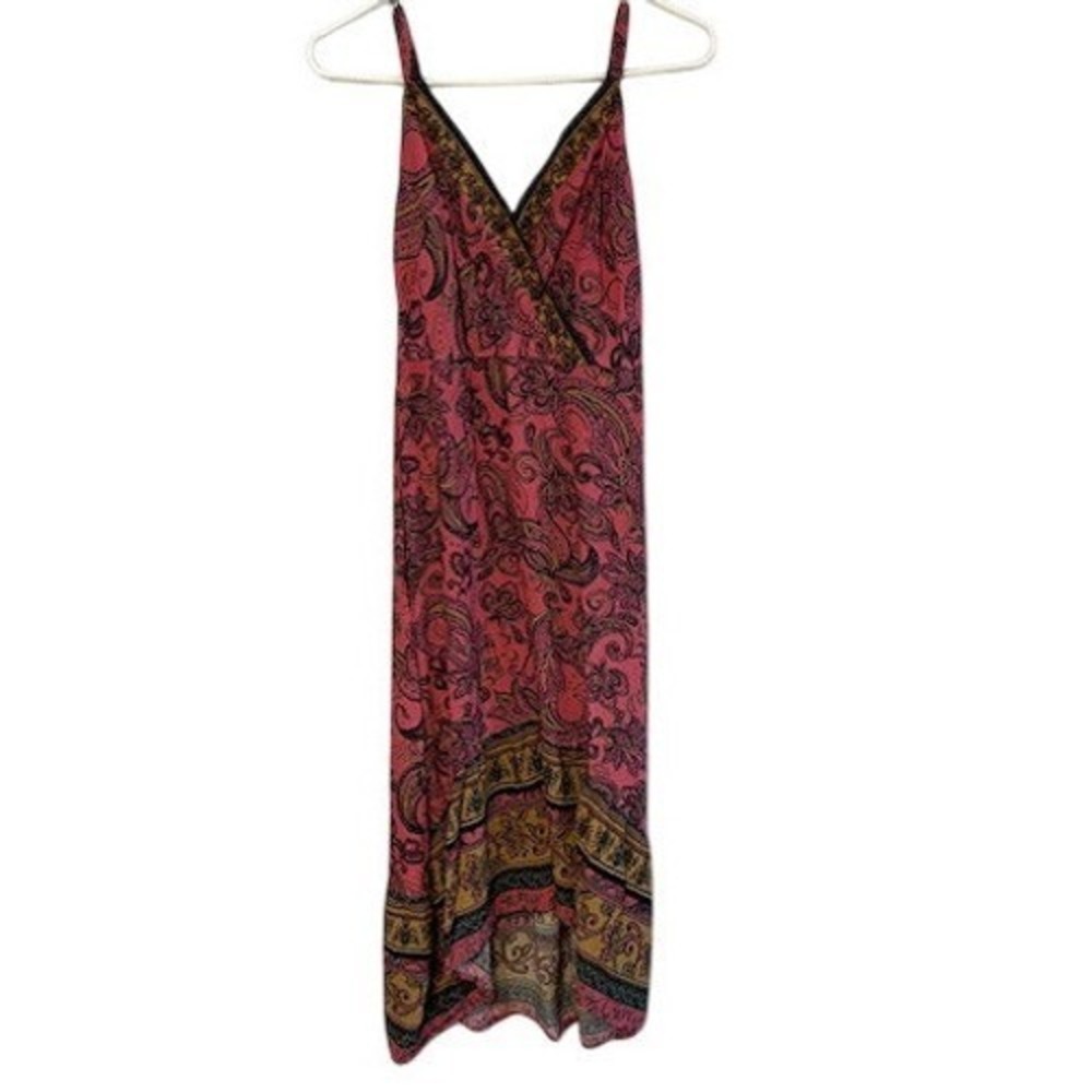 Pink Paisley Boho Midi Dress Surplice High Low Hem Sleeveless Summer Women Small